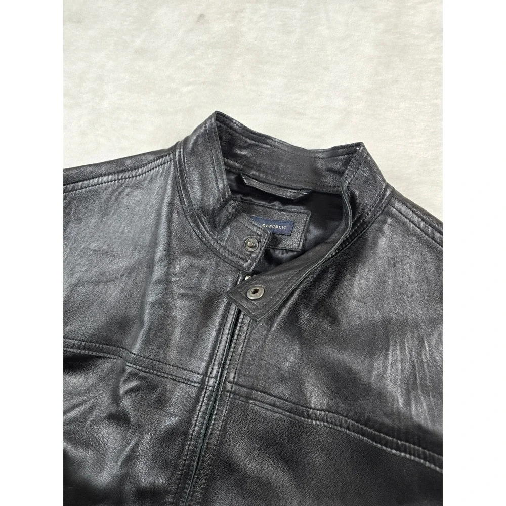 Banana Republic Leather Jacket Mens Large Black Cafe Racer Moto Biker Soft!